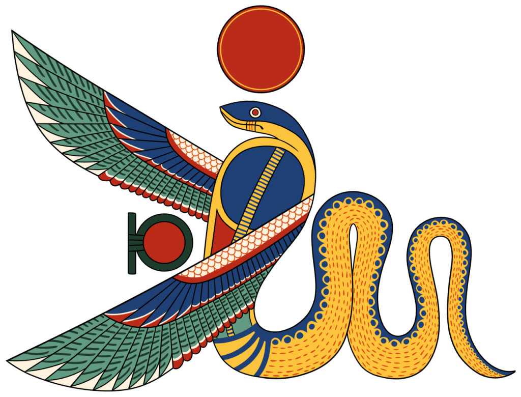 Representación de la diosa egipcia Wadget en la que se ve a una cobra dorada con alas.