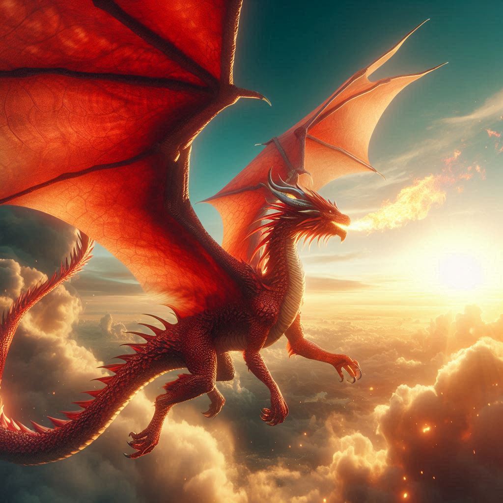 Dragón rojo volando por encima de las nubes