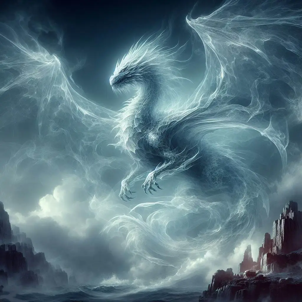 Un paisaje tormentoso con montañas y un mar agitado. Una de las grandes nubes de la montaña, tiene el aspecto de un feroz dragón blanco, como si fuese un espíritu que viene de la tormenta.