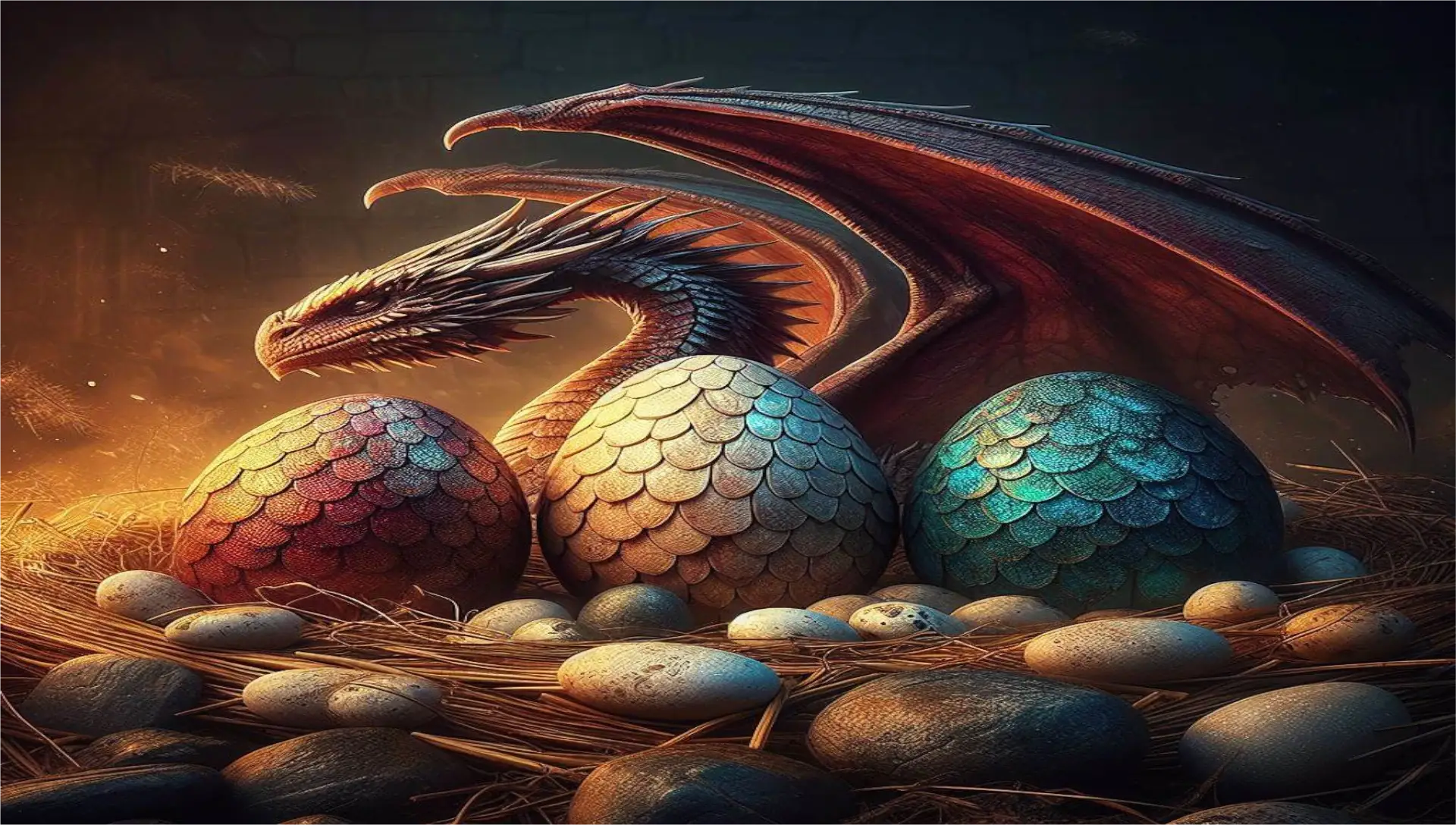 Un dibujo de un pequeño dragón rodeado de otros huevos de dragón de distintos colores