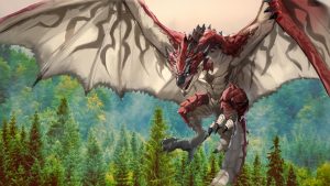 Dibujo de Rathalos volando en un bosque