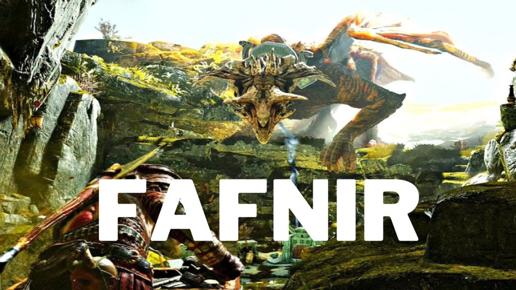 Portada Dragones nórdicos Fafnir en la que se puede ver una captura de pantalla del videojuego God of War en el que aparece el dragón.