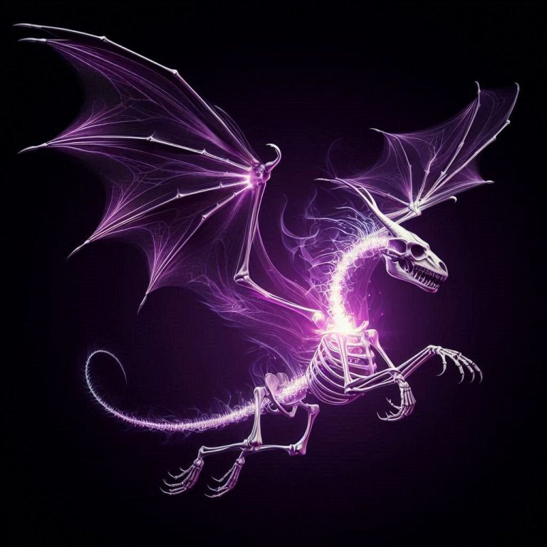 Imagen del dragón de almas arvak, en la que se puede ver un dragón esquelético de cuatro patas con cuernos y una luz violeta brotando de su corazón.