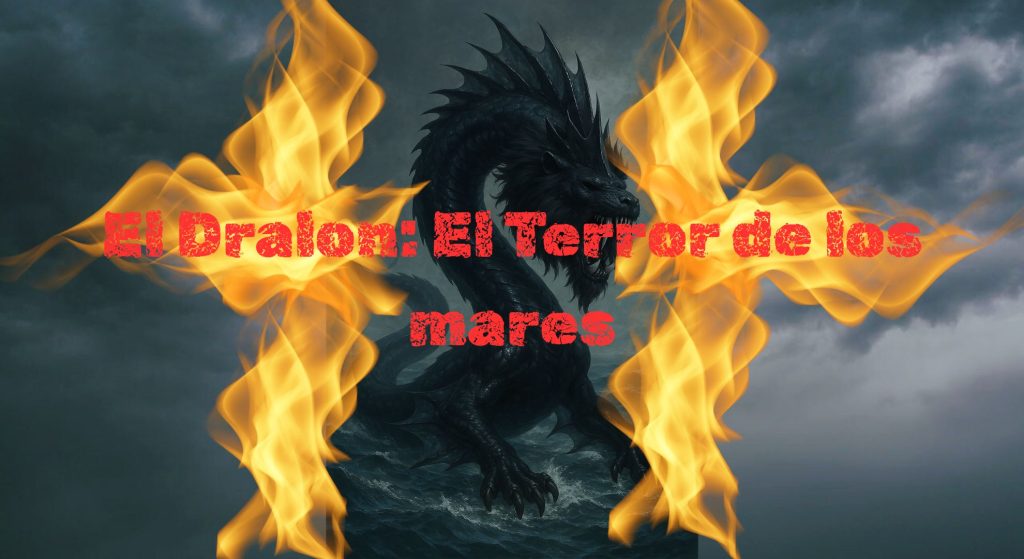 Imagen de un dralon, un dragón marino con cabeza de león y aletas con garras y un título que dice "Dralon: El terror del los mares"