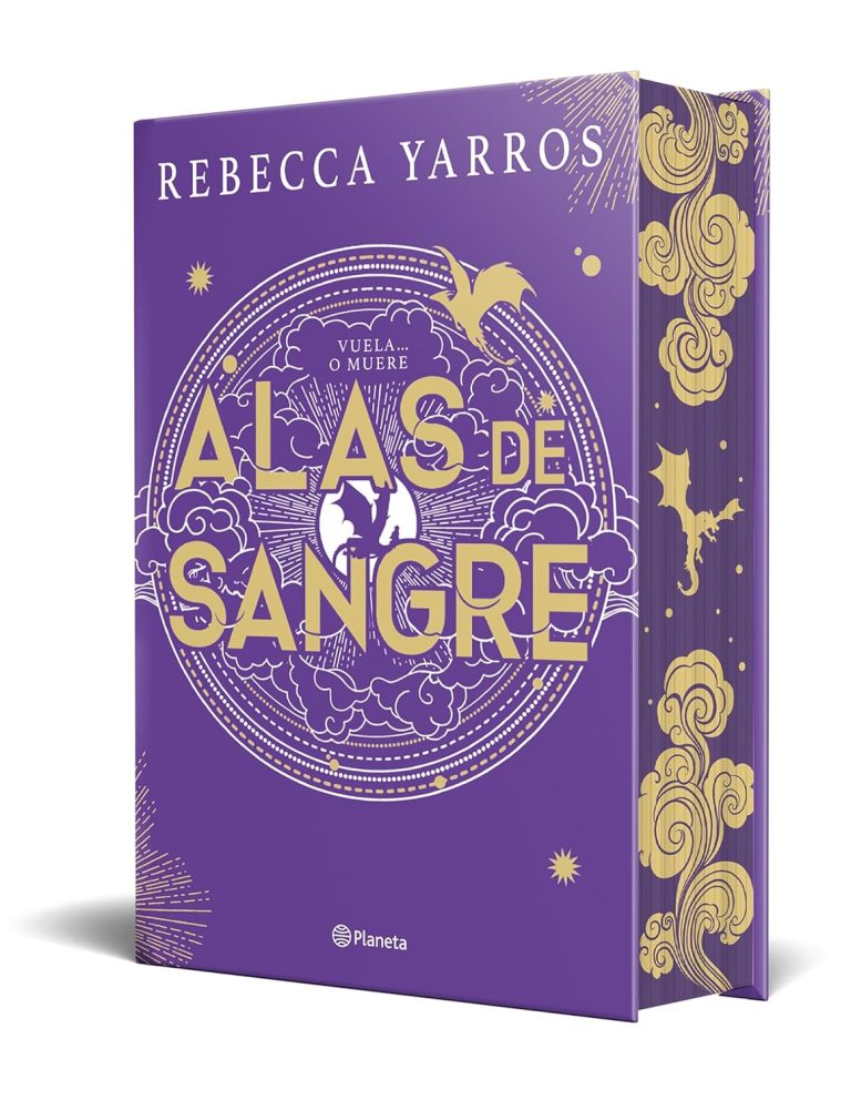 Imagen de la nueva edición de Alas de Sangre con el libro de tapa dura pintado de violeta y dorado, con los bordes de las páginas pintados formando nubes y un dragón en el centro.