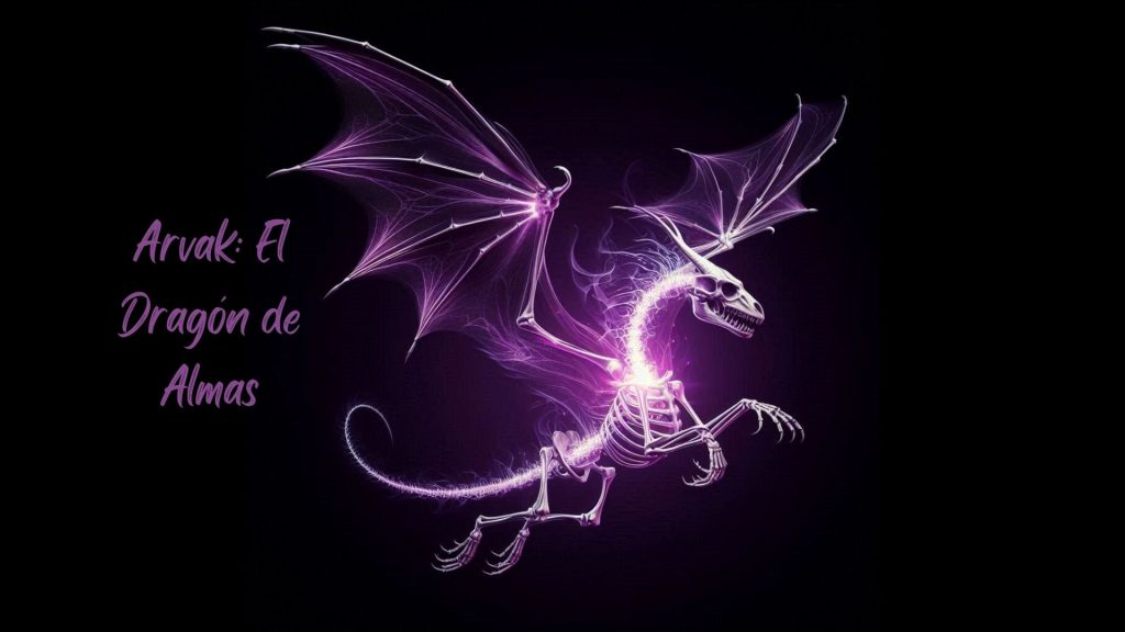 Portada de Arvak El Vástago de las Almas, en el que se puede ver a un dragón esquelético de 4 patas en cuyo interior surge una luz violeta que forma sus alas. Este, está volando en un fondo oscuro y a su izquierda está el título "Arvak: El Dragón De Almas"