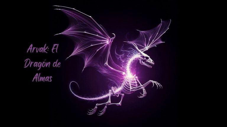 Portada de Arvak El Vástago de las Almas, en el que se puede ver a un dragón esquelético de 4 patas en cuyo interior surge una luz violeta que forma sus alas. Este, está volando en un fondo oscuro y a su izquierda está el título "Arvak: El Dragón De Almas"