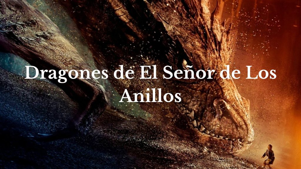 Portada de la entrada "Dragones de el Señor de los Anillos" en la que se puede ver a la cabeza gigante del famoso dragón Smaug frente el pequeño hobbit Bilbo Bolsón.