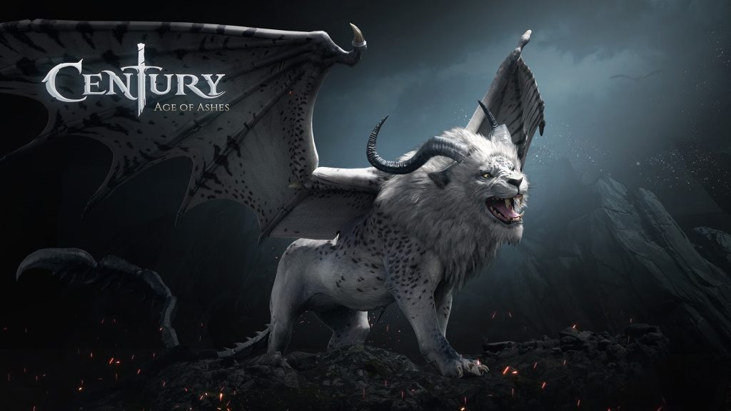 Imagen de los Grifos Moonfang del videojuego "Century: Age Of Ashes", en la que se puede ver a un león albino con cuernos, alas y cola de dragón. Tiene unas manchas negras por el cuerpo y las alas.