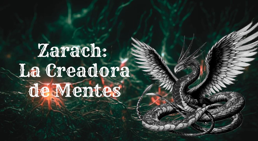 Portada de Zarach: La creadora de mentes en la que se puede ver un fondo oscuro y verdoso de redes neuronales connectadas entre sí y un dibujo de la dragona, que está representada como una serpiente gigante negruzca y con alas emplumadas.